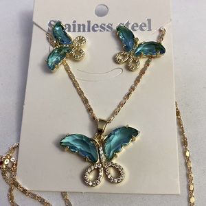Set, butterfly,blue, Stainless Steel with gold bath 14 k Necklace and earrings